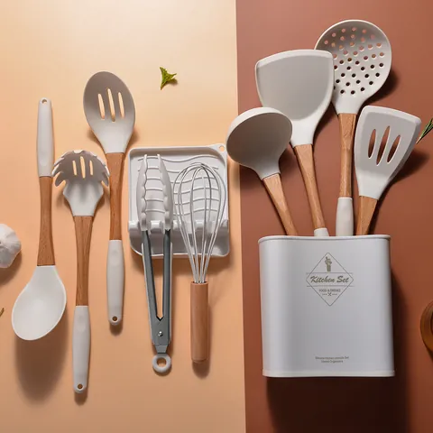 Juego de 11 Piezas de Utensilios de Cocina de Silicona Resistente al Calor Antiadherente Herramientas de Cocina Con Mango de Madera Espátula Cuchara Juego de Utensilios de Cocina