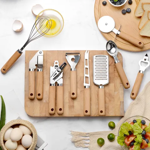 9Pcs Stainless Steel Kitchen Tool Set With Beech Wood Handle Pizza Cutter Whisk Garlic Press Peeler Can Opener Baking Gadgets