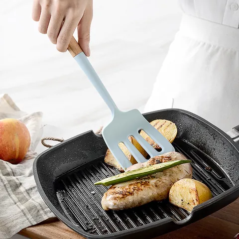 Modern Blue Silicone Kitchen Utensils Set With Beech Wood Handles Heat Resistant Non-Stick Cooking Spoon Spatula Slotted Turner Food Tongs Soup Ladle Holder Tube Everyday Baking Cooking Home Kitchen Tool Set