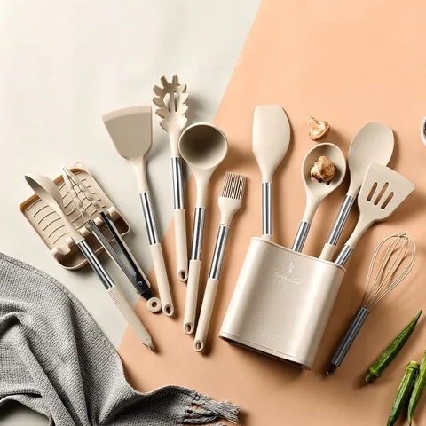 Stainless Steel Handle Silicone Kitchen Utensil Set Heat Resistant Non-Stick Cooking Spatula Soup Spoon Turner Whisk Tong Set
