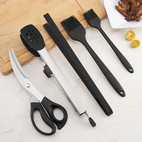 Koreanischer Stil 304 Edelstahl Grill Schere Zange Set Hitzebeständige Silikon Ölbürste Steakzange Für Outdoor Grill Küchenwerkzeuge