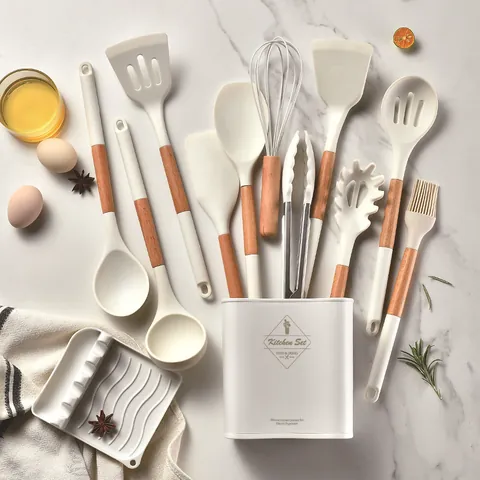 Silicone Kitchen Utensil Set With Wood Handle Heat Resistant Non-Stick Cooking Spoon Spatula Turner 12-Piece Kitchen Tools With Storage Bucket