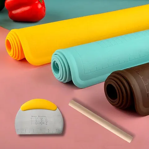 Tapete para Amasar de Silicona de Grado Alimenticio Engrosado Rodillo de Madera Raspador de Acero Inoxidable Con Escala Cocina
