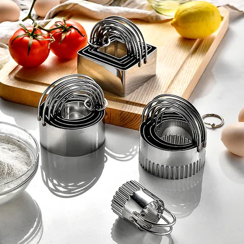 5Pcs Stainless Steel Cookie Cutter Set With Handles Round Square Fluted Biscuit Cutters Pastry Dough Mousse Molds Kitchen Baking Tool