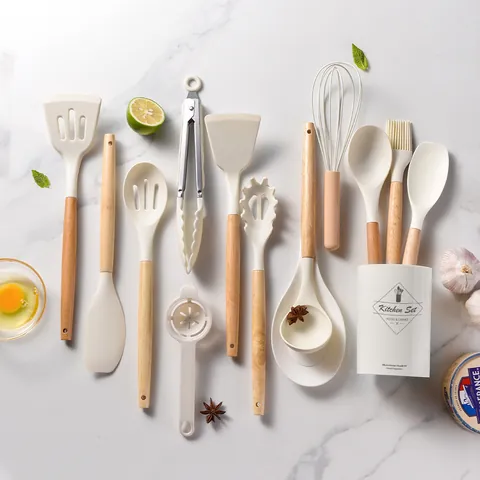 Silicone Kitchen Utensil Set With Wooden Handle Heat Resistant Nonstick Cooking Tools Spatula Spoon Turner Whisk Tongs Set