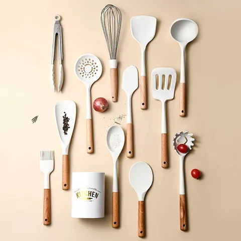 Cream White Silicone Kitchen Utensil Set With Beech Wood Handle Non-stick Heat Resistant Cooking Tools Including Spatula Soup Spoon Whisk Tongs For Home Kitchen Cooking