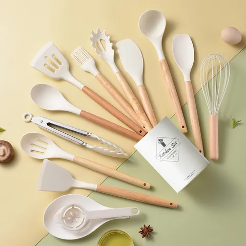 Silicone Kitchen Utensil Set With Wooden Handle Heat Resistant Non-Stick Cooking Tools Spatula Soup Spoon Whisk Tongs With Storage Bucket Kitchen Utensils For Home Cooking