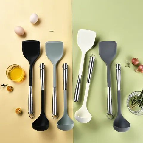 Spatule en Silicone Résistante à la Chaleur Ustensile de Cuisine Avec Poignée en Acier Inoxydable Tourneur Antiadhésif Louche