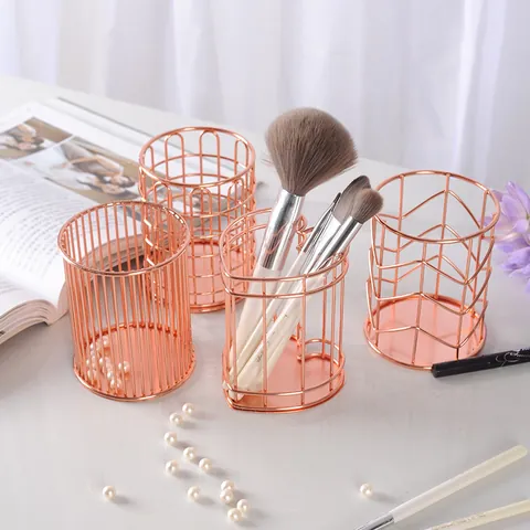 Nordic Iron Art Pen Holder Metal Electroplated Makeup Brush Lipstick Storage Bucket Desktop Office Stationery Organizer Box