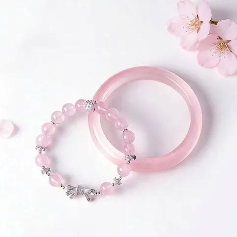 Natural Crystal Beaded Bracelet Bangle For Women Sweet Pink Lavender Quartz Chalcedony Butterfly Bow Rhinestone Jewelry