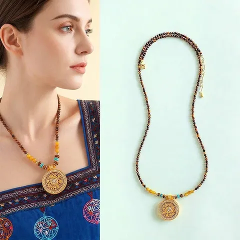 Collar de Cuentas de Cuarzo Rutilado Ojo de Tigre Amarillo Natural Colgante de Disco Hueco Giratorio Chapado en Oro Joyería Étnica para Mujer