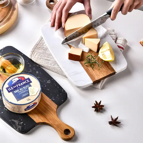 Marble And Acacia Wood Cutting Board Patchwork Cheese Board With Handle Hanging Hole Kitchen Serving Platter Charcuterie Board