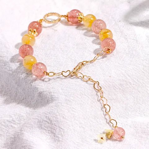 Γυναικείο Βραχιόλι Strawberry Quartz Rutilated Quartz Στυλ Ins Επιχρυσωμένο Κρεμαστό Καρδιά Κρυστάλλινο Κοσμήματα