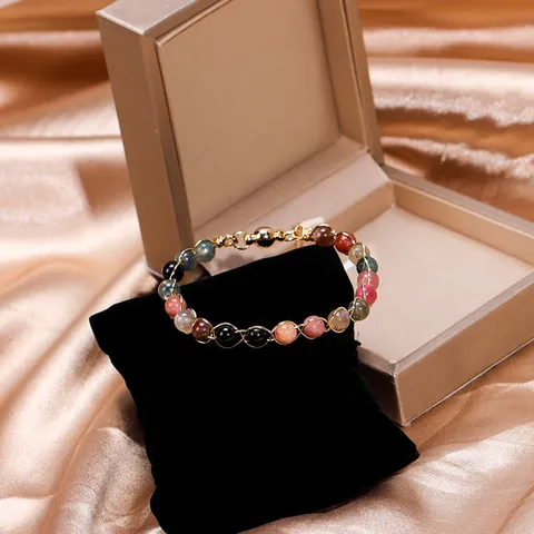 Tourmaline Crystal Beads Bracelet 14K Gold Plated Wire Wrapping Magnetic Clasp Lucky Healing Bracelet Women Jewelry Gift