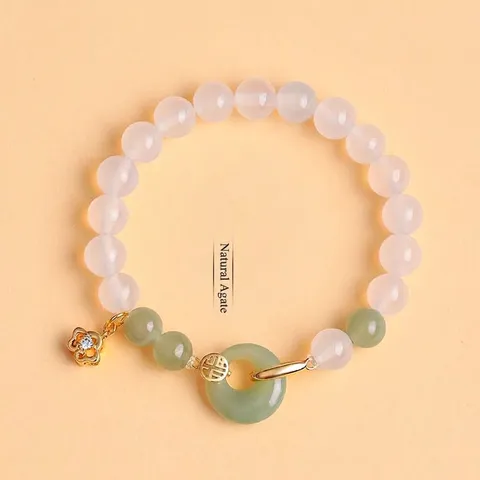 Natural Rose Quartz White Agate Beaded Bracelet For Women Fashion High-end Ping'an Buckle Agate Alloy Rhinestone Hand Jewelry Gift