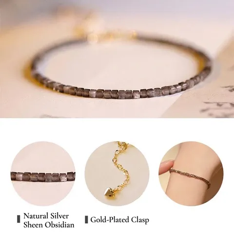 Handmade Natural Silver Obsidian Ultra Thin Bracelet Gold Filled Beads Adjustable Heart Charm Jewelry Gift For Women