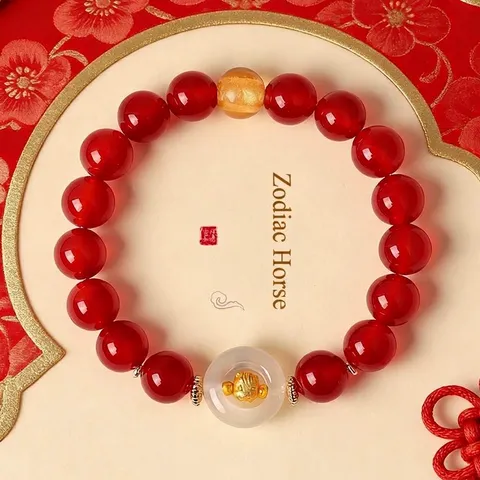 Natural Red Agate Bracelet White Agate Safety Buckle Twelve Zodiac Gold Plated Charms Ethnic Chinese Style Jewelry Gift