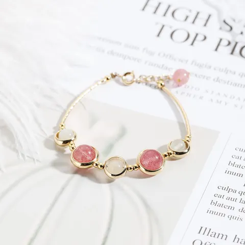 Strawberry Quartz Rose Quartz Beaded Bracelet For Women Gold Filled Adjustable Heart Crystal Stone Bangle Jewelry Gift