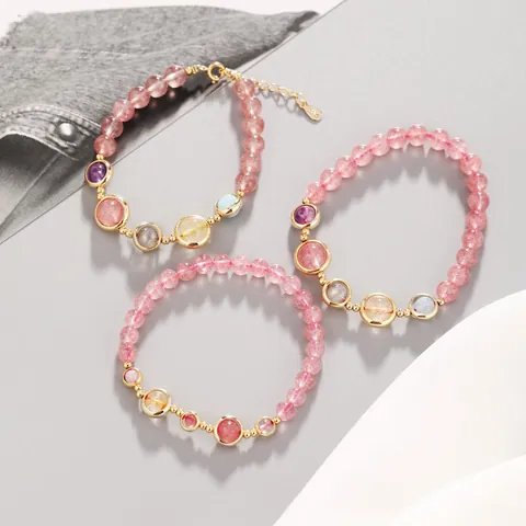 Natural Garnet Strawberry Quartz Beaded Bracelet Women 14K Gold Plated Multi Color Crystal Gemstone Jewelry Accessory Gift