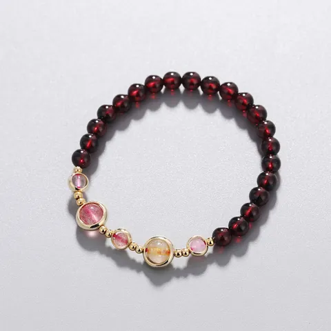 Natural Garnet Strawberry Quartz Beaded Bracelet Women 14K Gold Plated Multi Color Crystal Gemstone Jewelry Accessory Gift