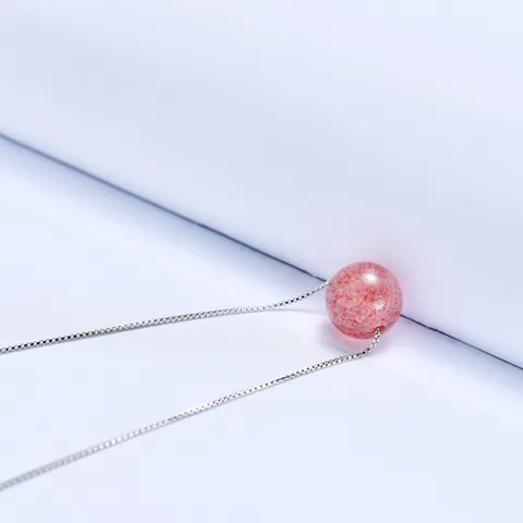 Minimalist Strawberry Quartz Pendant Necklace For Women Mori Style Round Crystal Lucky Bead Snake Chain Elegant Jewelry Gift