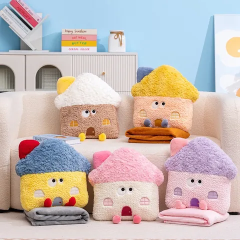 Cartoon Haus Plüsch Kissen Decke Set Weiches Gefülltes Büro Nickerchen Kissen Mit Versteckter Decke Dekorative Zierkissen Für Zuhause Auto Büro