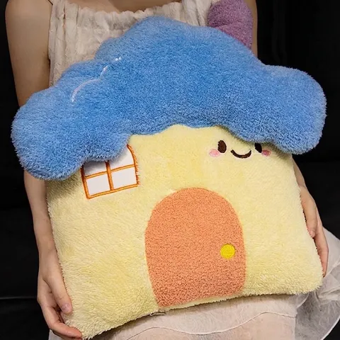 Linda Manta de Almohada de Casa de Dibujos Animados Terciopelo de Nube Cojín de Siesta Plegable para Coche Oficina Dormitorio Decoración