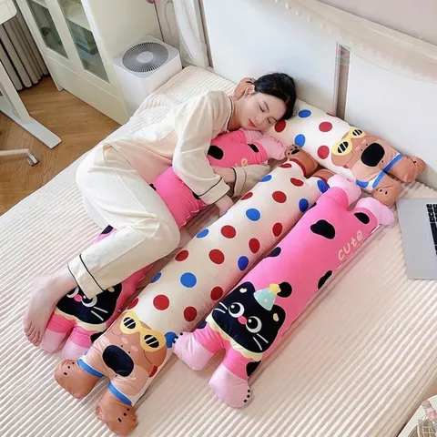 Long Cat Plush Body Pillow For Sleeping Dormitory Bed Side Sleeper Leg Support Cushion Dopamine Style Polka Dot Animal Head Pillow
