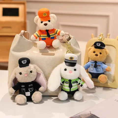 Mignon Porte-Clés en Peluche Ours Lapin Policier Mini Poupée Uniforme Pompier Forces Spéciales Pendentif de Sac Cadeau