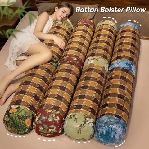 Pastoral Plaid Rattan Cooling Bolster Pillow Cylindrical Long Body Pillow For Side Sleeping Bed Support Backrest Pillow