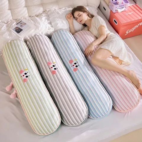 Almohada de Cuerpo de Seda de Hielo Refrescante para Dormir de Lado Almohadón Largo Rayado con Bordado de Dibujos Animados Lavable