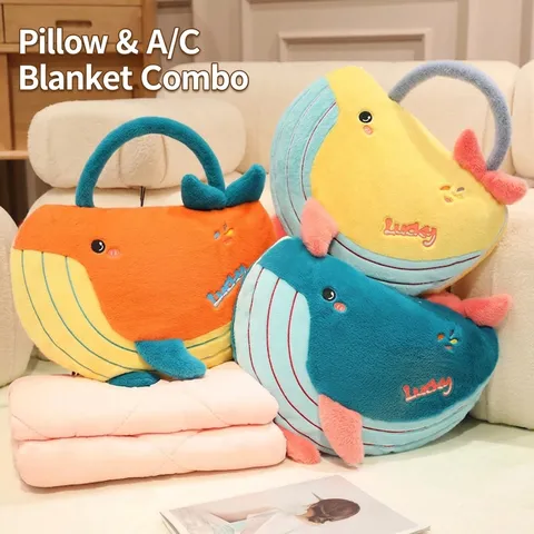 Juego De Manta Y Almohada 2 En 1 De Ballena De Dibujos Animados Cojín Decorativo De Peluche Suave Con Mango Portátil Para Oficina
