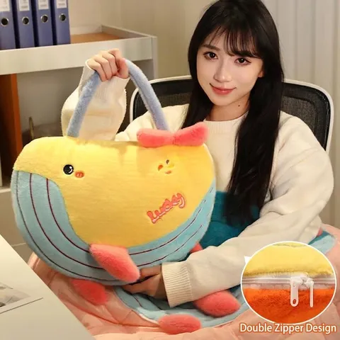Juego De Manta Y Almohada 2 En 1 De Ballena De Dibujos Animados Cojín Decorativo De Peluche Suave Con Mango Portátil Para Oficina