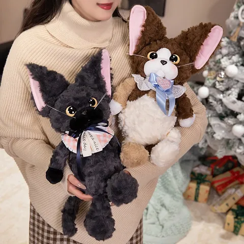 Devon Rex Katze Plüschtier Weiches Lockiges Fell Kuscheltier Mit Latz Schleife Dekorative Kätzchen Puppe Für Kinder Weihnachten Geburtstag Geschenk