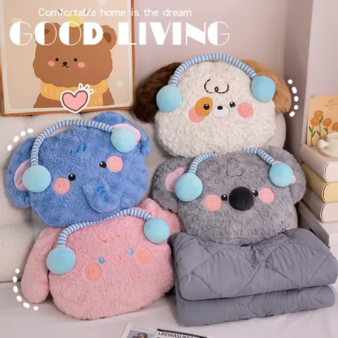 Linda Almohada Manta 2-en-1 de Peluche de Animal con Auriculares Manta de Verano Acolchada Bordada para Coche Oficina Hogar