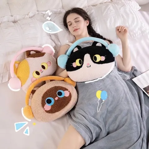 Cojín Manta de Peluche de Gato con Auriculares de Dibujos Animados Multifuncional Bordado Animal Cojín de Siesta Manta de Franela para Oficina Hogar
