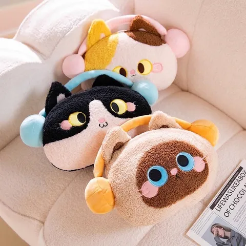 Cojín Manta de Peluche de Gato con Auriculares de Dibujos Animados Multifuncional Bordado Animal Cojín de Siesta Manta de Franela para Oficina Hogar