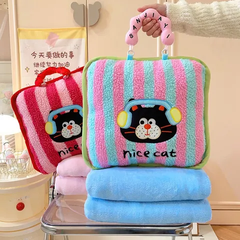 Plegable Dopamina Rayas Peluche Doble Propósito Almohada Manta Combo Suave Vellón Cojín Viaje Para Oficina Coche Sofá Hogar Bordado Animal