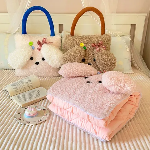 Cartoon Welpe Plüsch Kissen Und Decke Set Teddy Fleece Faltbare Reise Auto Klimaanlage Quilt Nickerchen Decke Kissen Für Büro Zuhause