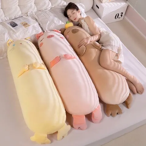 Cartoon Capybara Pig Cat Long Plush Body Pillow Cute Animal Embroidered Sleeping Bolster Removable Washable Cushion For Bedroom Bed Decor Gift