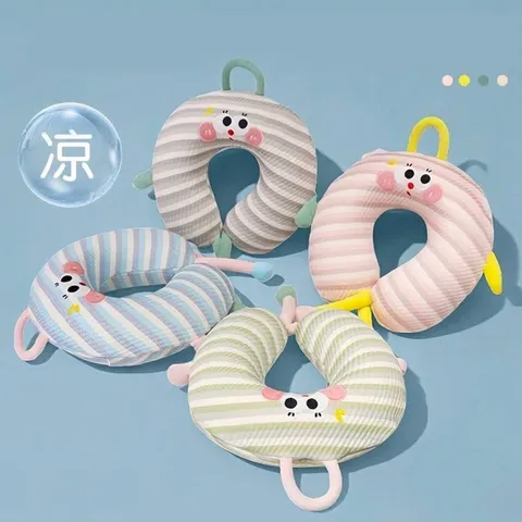 Almohada de Viaje en Forma de U Seda de Hielo Espuma de Memoria Rayado Dibujos Animados Soporte de Cuello para Avión Oficina