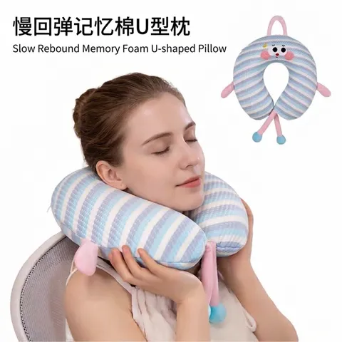 Almohada de Viaje en Forma de U Seda de Hielo Espuma de Memoria Rayado Dibujos Animados Soporte de Cuello para Avión Oficina