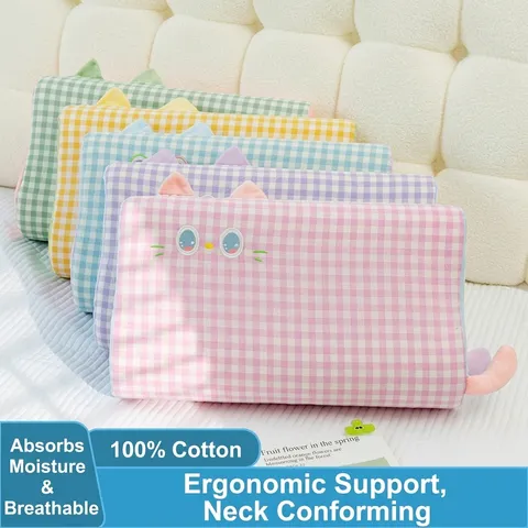 Cartoon Cat Memory Foam Neck Support Pillow Waffle Gingham Plaid Bread Style Cushion For Office Dormitory Sleep Nap Pillow