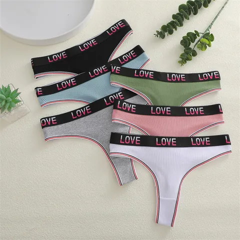 Damen Sexy Baumwolle Gerippte Thong Niedrige Taille Buchstaben Druck T-Back Unterwäsche Weich Atmungsaktiv G-String Lingerie Für Den Alltag