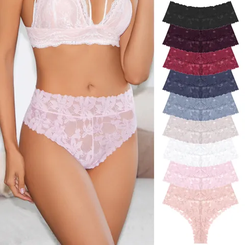 Women Sexy Lace Floral Thong Breathable Mid Waist Nylon Cotton Lingerie Hollow Out Scalloped Edge Ladies Panties