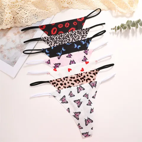 Women Seamless Low Waist Thong Leopard Butterfly Lip Heart Print Nylon Breathable T-Back Invisible Panties Lingerie