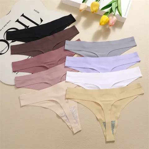 Women Seamless Ice Silk Thong Panties Ultra-Thin Invisible V-Waist Low Rise G-String Nylon Spandex Breathable Lingerie