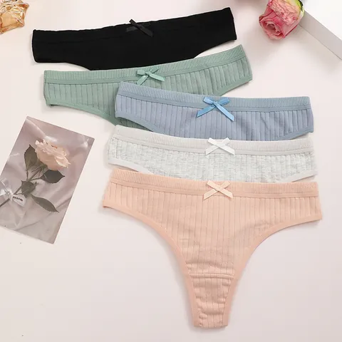 Women Cotton Ribbed Thong Sexy Low Waisted Bow T-Back Breathable Elastic Seamless Lingerie Panties Underwear