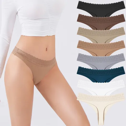 Women's Sexy Lace Trim Seamless Thong Breathable Quick Dry Sporty Nylon T-Back Panties For Yoga Gym Workout Underwear