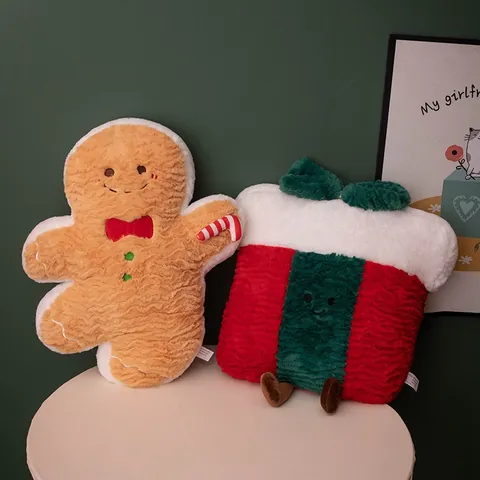 Cartoon Christmas Plush Toy Throw Pillow Rabbit Hair Velvet Gingerbread Man Gift Box Wreath Stuffed Doll For Holiday Home Decor